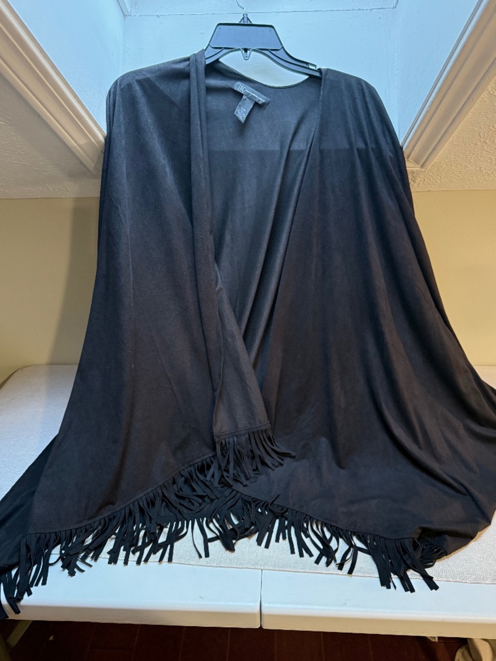 INC Black Faux Suede Fringed Shawl Wrap Cape